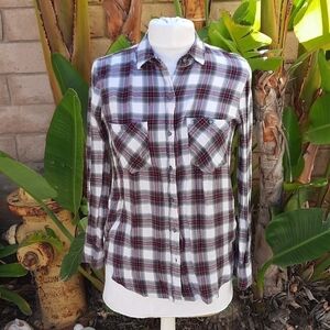 True Religion Gray Burgundy Plaid Flannel Button-Down Shirt XS Long Sleeve